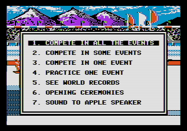 Winter Games Apple II Screenshot: The main menu.