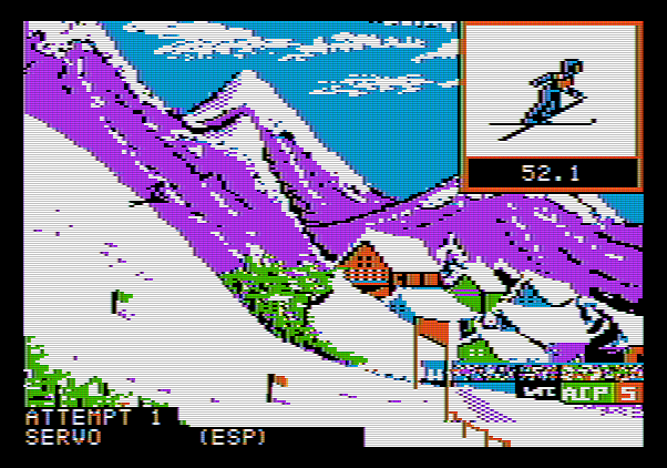 Winter Games Apple II Screenshot: Uh oh, this will be an awkward landing.