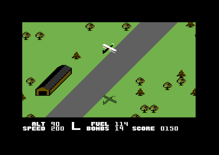 Blue Max Commodore 64 Screenshot: I missed the runway, hope I have enough fuel to make it to the next one...
