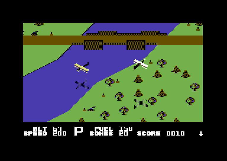Blue Max Commodore 64 Screenshot: Flying over a bridge...