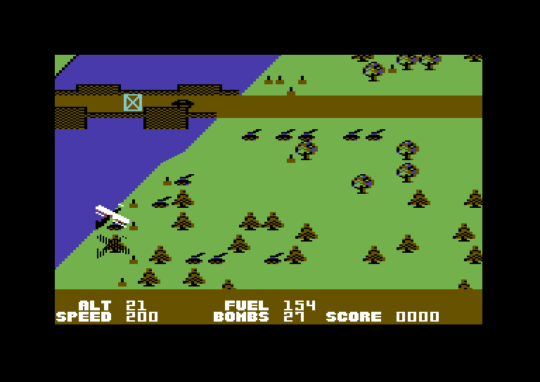 Blue Max Commodore 64 Screenshot: Pull up, or you'll crash into the bridge!