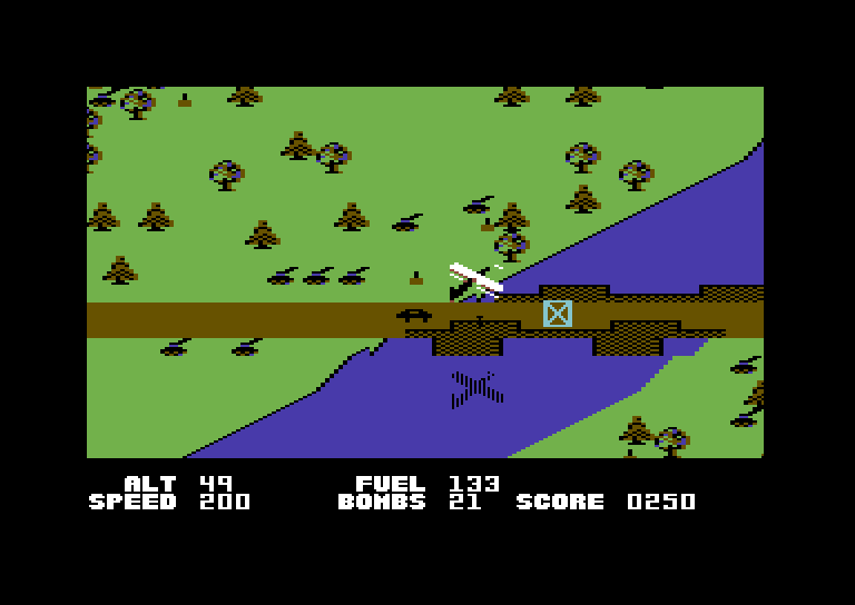 Blue Max Commodore 64 Screenshot: This bridge has a target on it, see if you can bomb it...