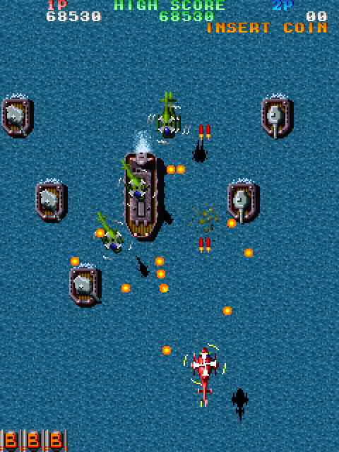 Twin Cobra Arcade Screenshot: Time to fight a fleet of ships...