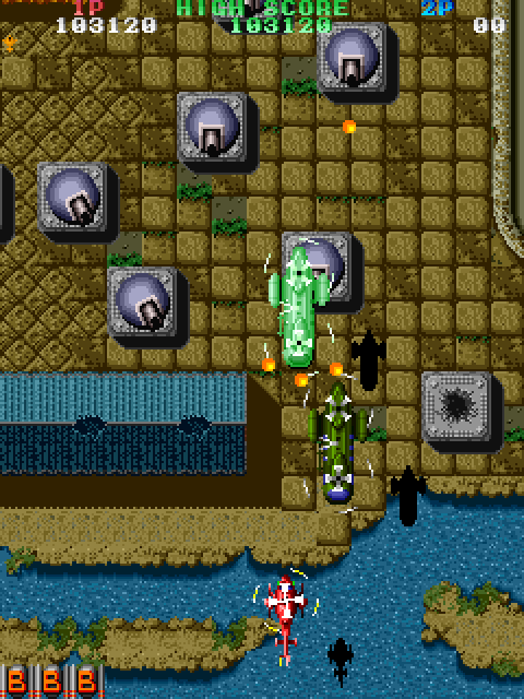 Twin Cobra Arcade Screenshot: More and larger enemies attack at once as the game progresses...