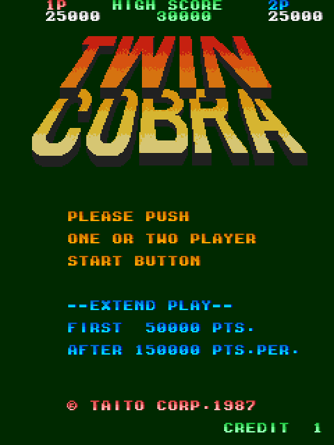 Twin Cobra Arcade Screenshot: Press start button to begin!