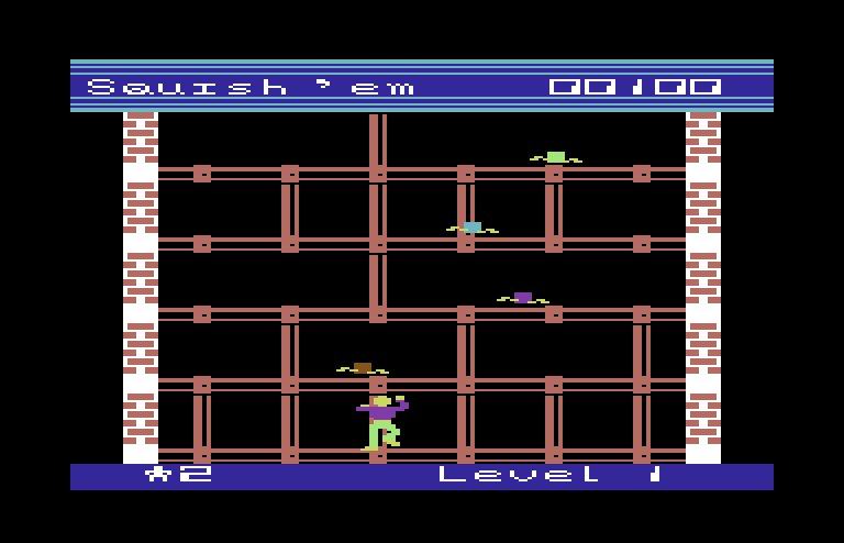 Squish 'Em Commodore 64 Screenshot: Watch out for the various creatures!
