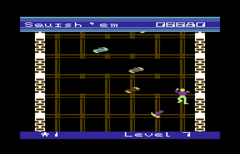 Squish 'Em Commodore 64 Screenshot: On this level you'll need to avoid the falling hammers!