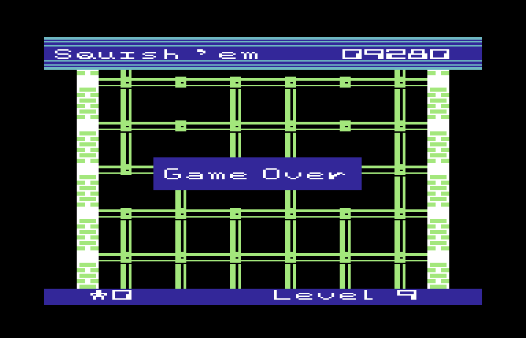 Squish 'Em Commodore 64 Screenshot: Game over.