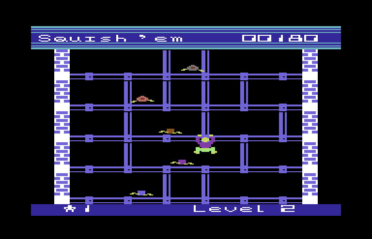 Squish 'Em Commodore 64 Screenshot: Attempting to stomp on a creature...