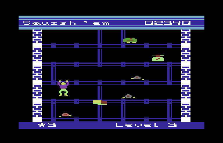 Squish 'Em Commodore 64 Screenshot: Don't get hit by falling bricks!