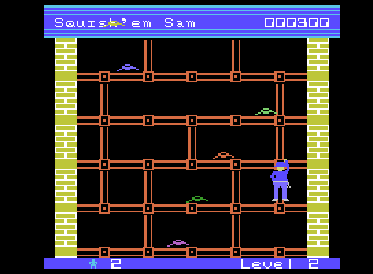 Squish 'Em ColecoVision Screenshot: Avoid the various creatures when climbing...you can also squish'em if they get in the way!