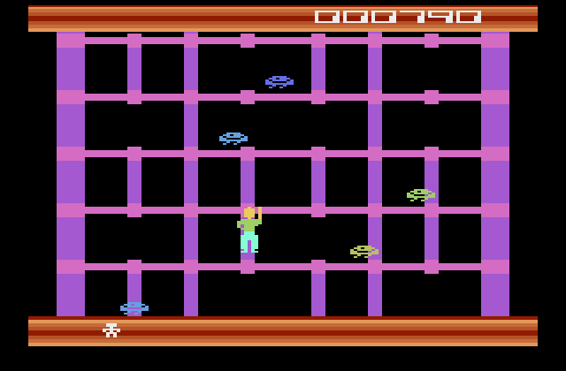 Squish 'Em Atari 2600 Screenshot: Gaps in the path upwards can create trouble!