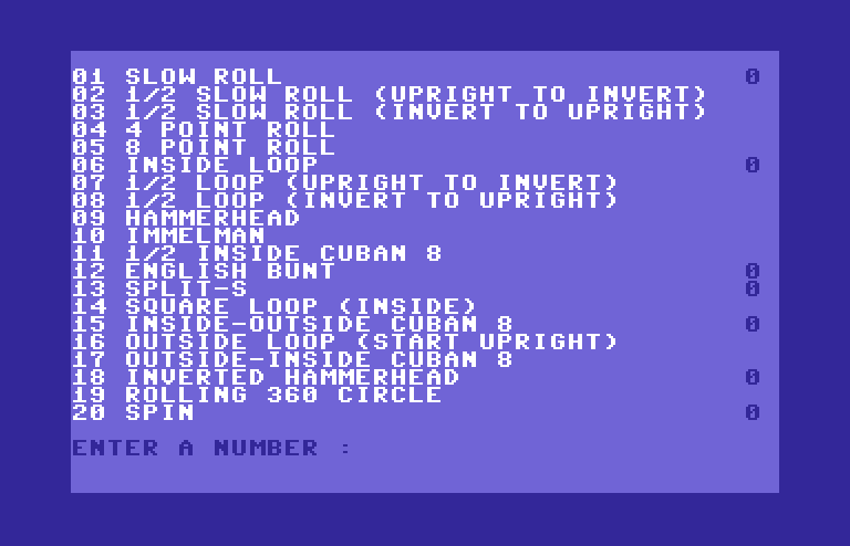 Stunt Flyer Commodore 64 Screenshot: Here's a list of stunts you can practice.