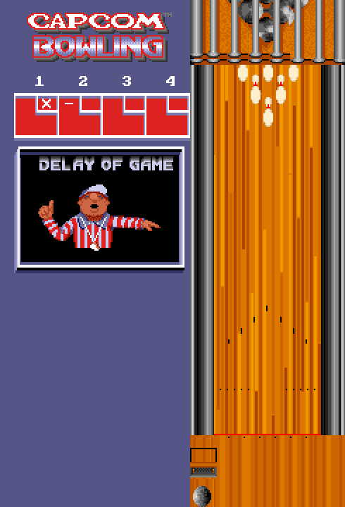 Capcom Bowling Arcade Screenshot: Delay of game penalty!