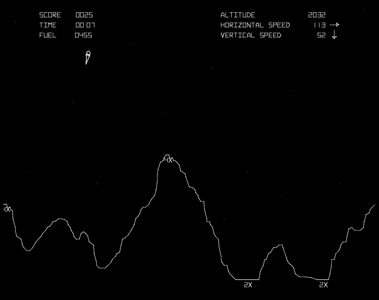 Lunar Lander Arcade Screenshot: Starting again with a new landscape...