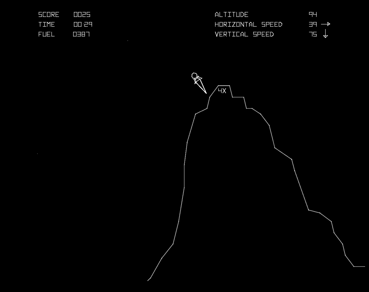 Lunar Lander Arcade Screenshot: I'm about to crash!