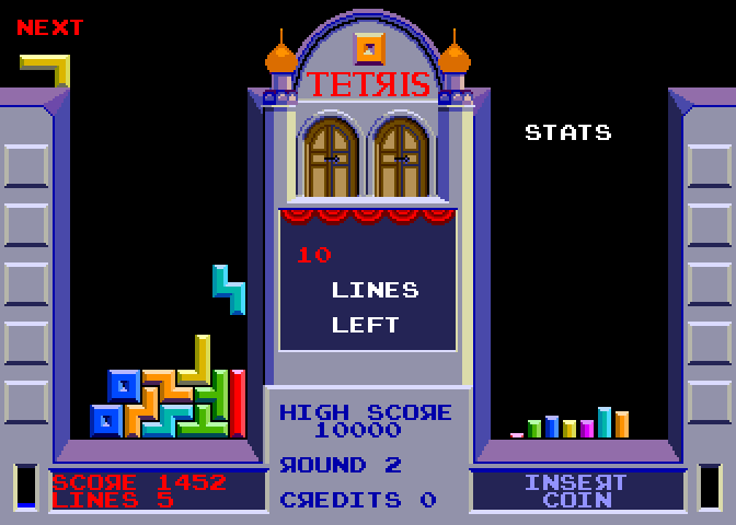Tetris Arcade Screenshot: Complete an entire row to make it disappear.