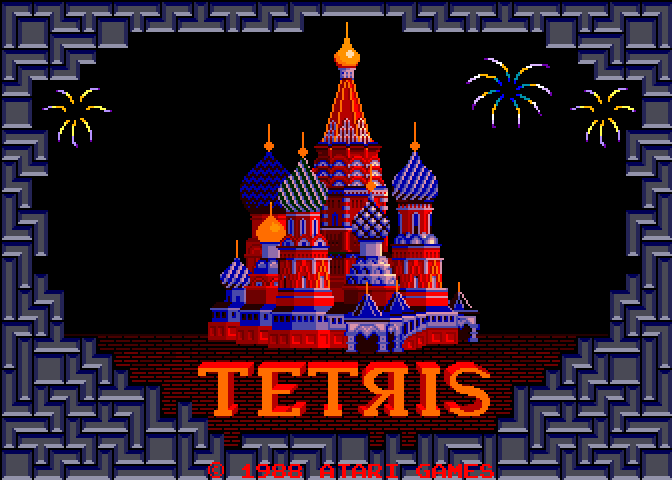 Tetris Arcade Screenshot: It's night now, and some fireworks explode...