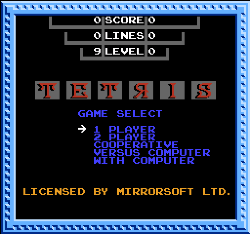 Tetris NES / Famicom Screenshot: The main menu.