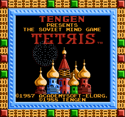 Tetris NES / Famicom Screenshot: Title screen with fireworks in the background.