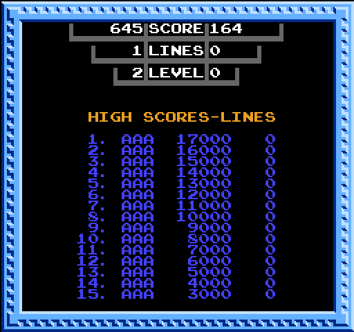 Tetris NES / Famicom Screenshot: High scores.