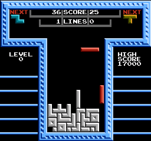 Tetris NES / Famicom Screenshot: In cooperative mode two players share the same, extra large playfield.