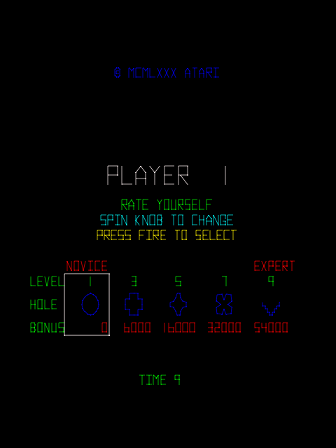 Tempest Arcade Screenshot: Game start; choose your skill level!