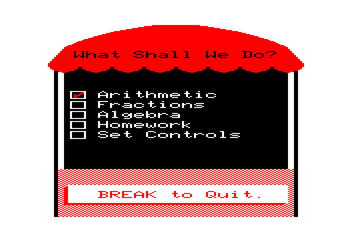 Math Tutor TRS-80 Color Computer Screenshot: The main menu.