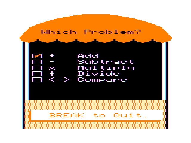 Math Tutor TRS-80 Color Computer Screenshot: What type of problems do you want to solve?