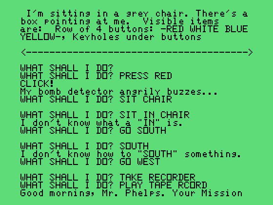 Secret Mission TI-99/4A Screenshot: Exploring the area...