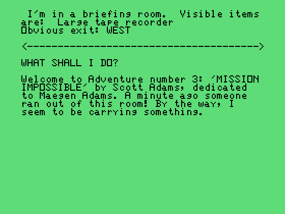 Secret Mission TI-99/4A Screenshot: Game start.