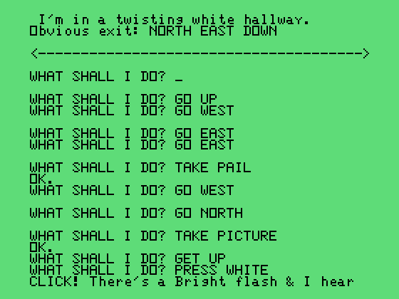 Secret Mission TI-99/4A Screenshot: Now I'm searching...which way should I go?