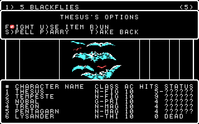 Wizardry V: Heart of the Maelstrom IBM PC/Compatibles Screenshot: Encountered blackflies; what will you do?