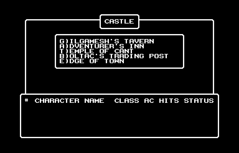 Wizardry V: Heart of the Maelstrom Commodore 64 Screenshot: The castle main menu.