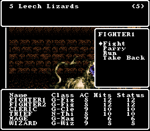 Wizardry V: Heart of the Maelstrom Super NES Screenshot: Select an action for each member of your party.
