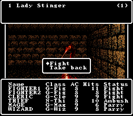 Wizardry V: Heart of the Maelstrom Super NES Screenshot: Now I have encountered a Lady Stinger.