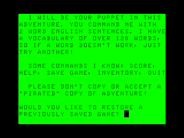 Ghost Town TRS-80 Color Computer Screenshot: Restore a game, or start a new game?