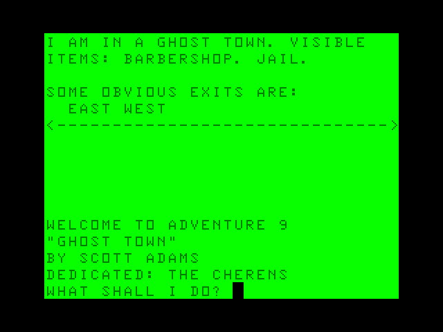 Ghost Town TRS-80 Color Computer Screenshot: Starting location.