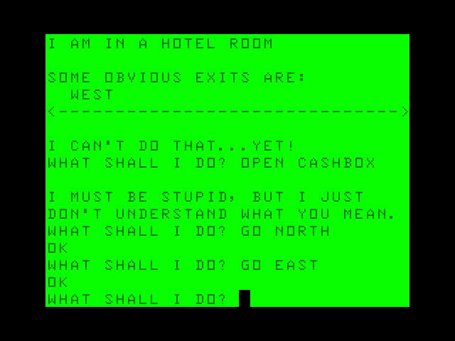 Ghost Town TRS-80 Color Computer Screenshot: Exploring a hotel, but so far nothing interesting...