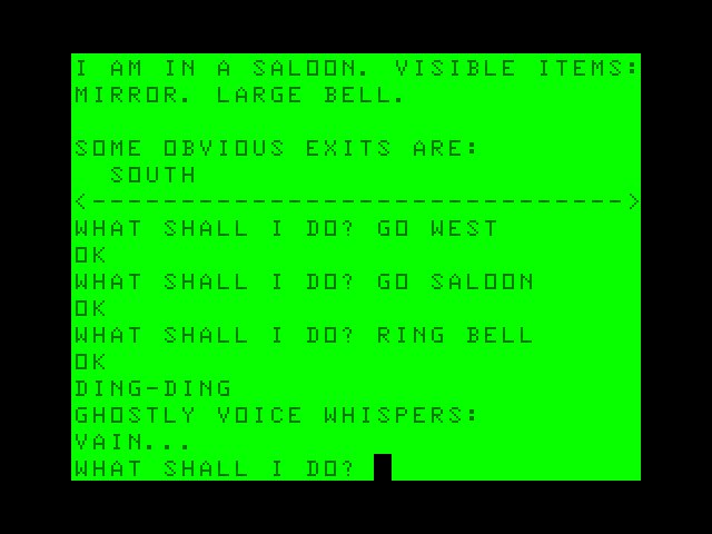 Ghost Town TRS-80 Color Computer Screenshot: Exploring a ghost saloon...