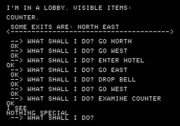 Ghost Town Apple II Screenshot: In a hotel lobby; nothing special here.