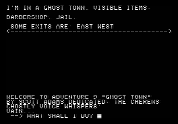 Ghost Town Apple II Screenshot: The game begins here.