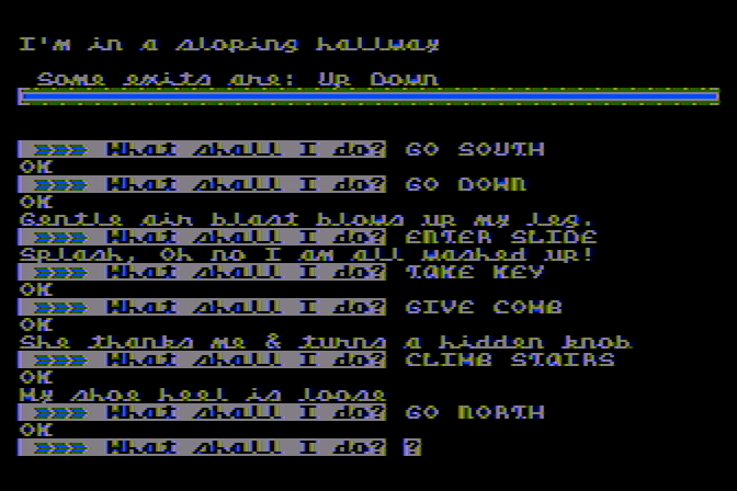 Mystery Fun House Atari 8-bit Screenshot: In a sloping hallway...which way should I go from here?