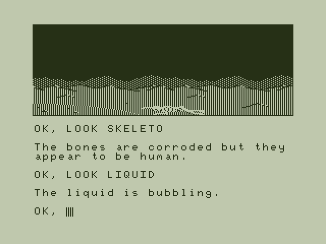 Trekboer Dragon 32/64 Screenshot: A skeleton, and a strange, bubbling liquid...