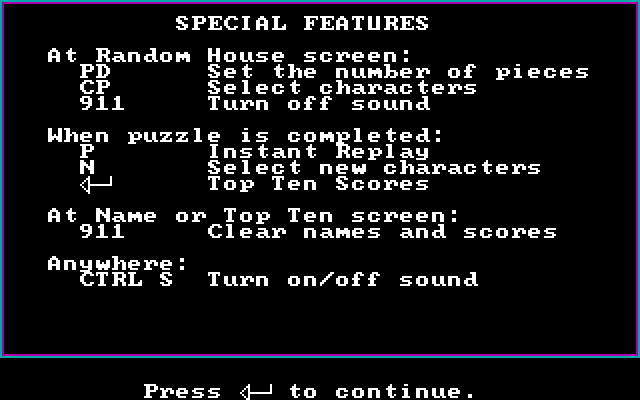 Peanuts Picture Puzzlers IBM PC/Compatibles Screenshot: Instructions, continued...