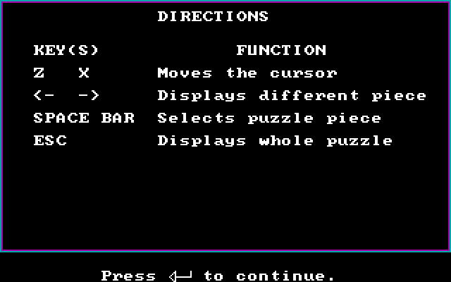 Peanuts Picture Puzzlers IBM PC/Compatibles Screenshot: Game instructions.