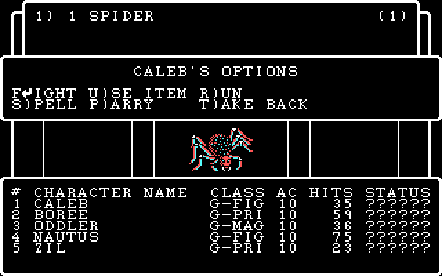 Wizardry: Knight of Diamonds - The Second Scenario IBM PC/Compatibles Screenshot: Giant spiders attack!
