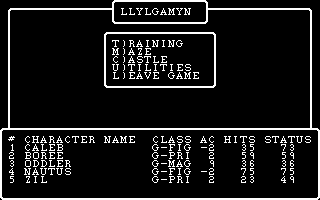 Wizardry: Knight of Diamonds - The Second Scenario IBM PC/Compatibles Screenshot: Train some new characters, or enter the maze?