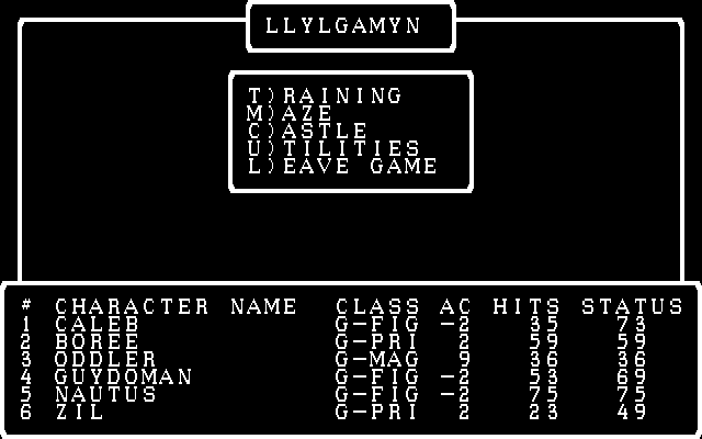 Wizardry: Knight of Diamonds - The Second Scenario IBM PC/Compatibles Screenshot: Ready to head to the maze? Or train some new characters?