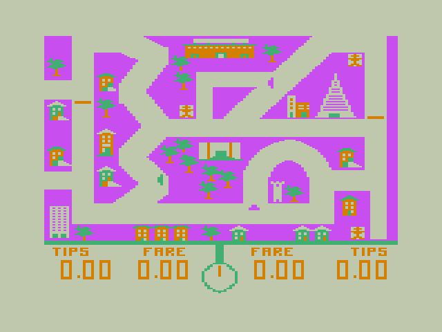 Taxi TRS-80 Color Computer Screenshot: Each of the six cities has a different layout.